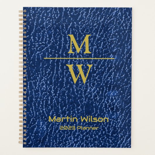 Elegant Blue Monogram Luxe Textuur Gold Lettering Planner (Voorkant)