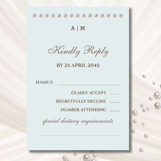 Elegant Blue Monogram Pearl Wedding RSVP Kaart