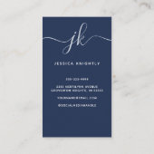 Elegant Blue Monogram Script Initialen Foto Visitekaartje (Achterkant)