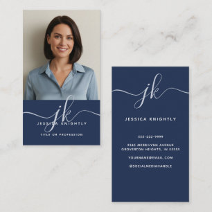 Elegant Blue Monogram Script Initialen Foto Visitekaartje