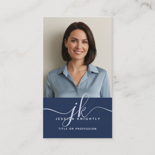 Elegant Blue Monogram Script Initialen Foto Visitekaartje (Voorkant)