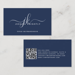 Elegant Blue Monogram Script Initialen QR Code Visitekaartje