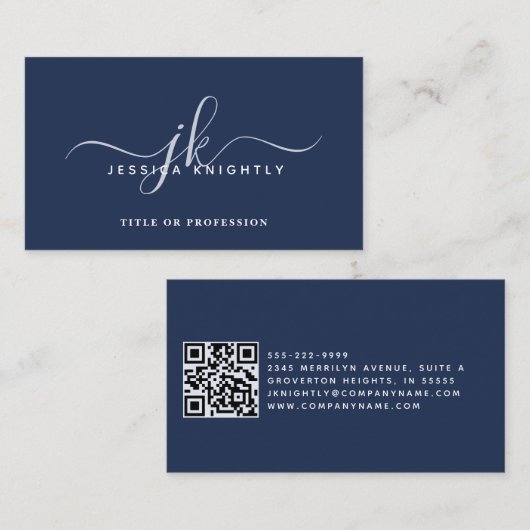 Elegant Blue Monogram Script Initialen QR Code Visitekaartje (Voorkant / Achterkant)
