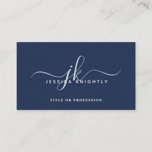 Elegant Blue Monogram Script Initialen QR Code Visitekaartje (Voorkant)