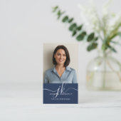 Elegant Blue Monogram Script Initials Photo Visitekaartje (Staand voorkant)