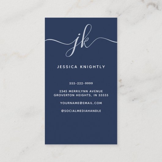 Elegant Blue Monogram Script Initials Photo Visitekaartje (Achterkant)