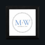 Elegant Blue Monogram Weddenschap Gift Box Cadeaudoosje<br><div class="desc">Elegant Blue Monogram met Black Milgrain grens. De gestippelde grens doet denken aan melkgraan, een techniek die de juwelen in detail behandelt en die vaak wordt gebruikt voor verloving- en trouwringen. De grens van de milgraan voegt zowel een moderne als elegante stijl aan deze monogrammed doos van het keepjescadeau toe....</div>