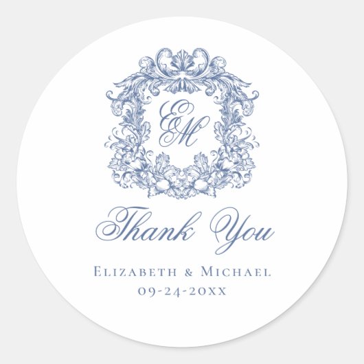 Elegant Blue Monogram Wedding Crest Thank You Ronde Sticker (Voorkant)