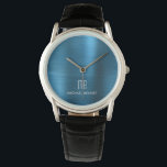 Elegant Blue Monogrammed Brushed Metallic Horloge<br><div class="desc">Gepersonaliseerde Elegant Blue Monogrammed geborsteld Metallic Watch.</div>