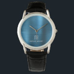 Elegant Blue Monogrammed Brushed Metallic Horloge<br><div class="desc">Gepersonaliseerde Elegant Blue Monogrammed geborsteld Metallic Watch.</div>