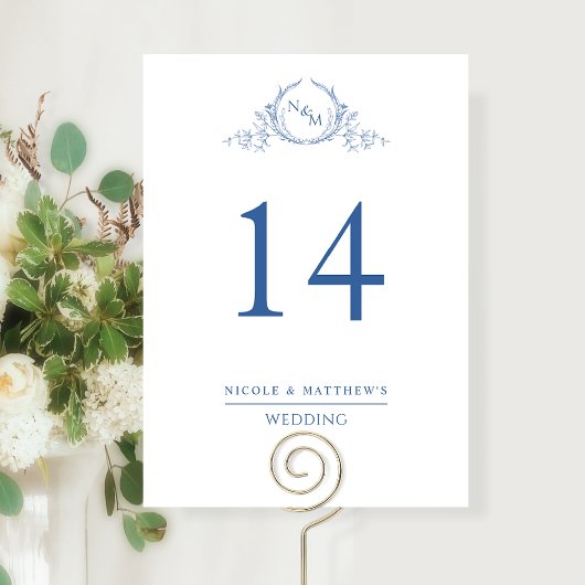 Elegant Blue Monogrammed Wedding Table Number