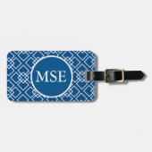 Elegant Blue Navy Geometric Pattern Monogram Bagagelabel (Voorkant horizontaal)