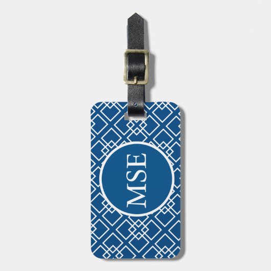Elegant Blue Navy Geometric Pattern Monogram Bagagelabel (Voorkant verticaal)