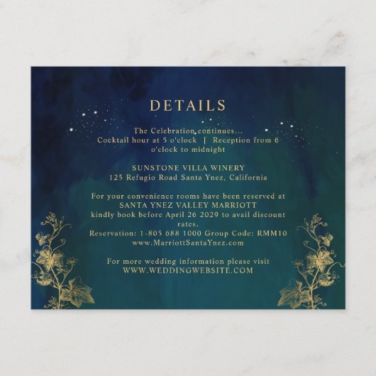 Elegant Blue, Navy Green Celestial Wedding Details Informatiekaartje (Voorkant)