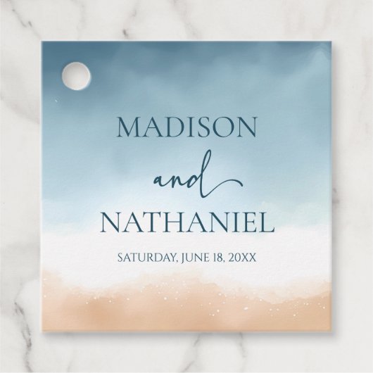 Elegant Blue Ocean Beach Shore Zand Bruiloft Bedankjes Labels (Voorkant)