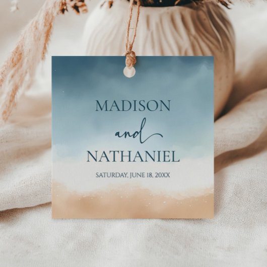 Elegant Blue Ocean Beach Shore Zand Bruiloft Bedankjes Labels