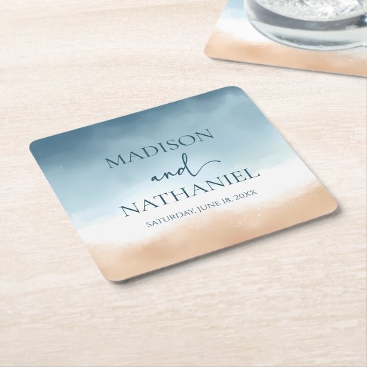 Elegant Blue Ocean Beach Shore Zand Bruiloft Kartonnen Onderzetters (Schuin)