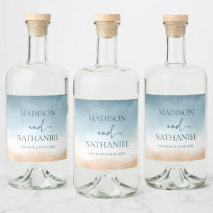 Elegant Blue Ocean Beach Shore Zand Bruiloft Likeurfles Etiket