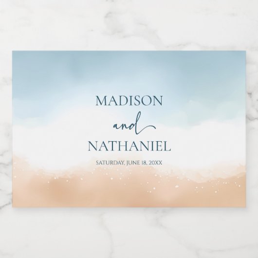 Elegant Blue Ocean Beach Shore Zand Bruiloft Likeurfles Etiket (Enkel label)