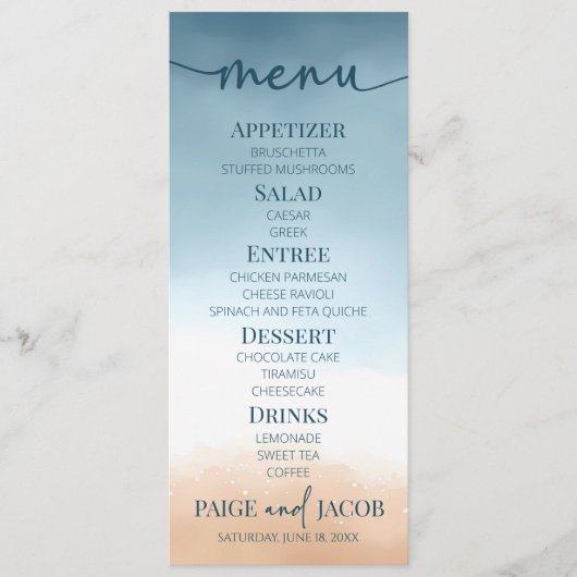Elegant Blue Ocean Beach Shore Zand Bruiloft Menu (Voorkant)
