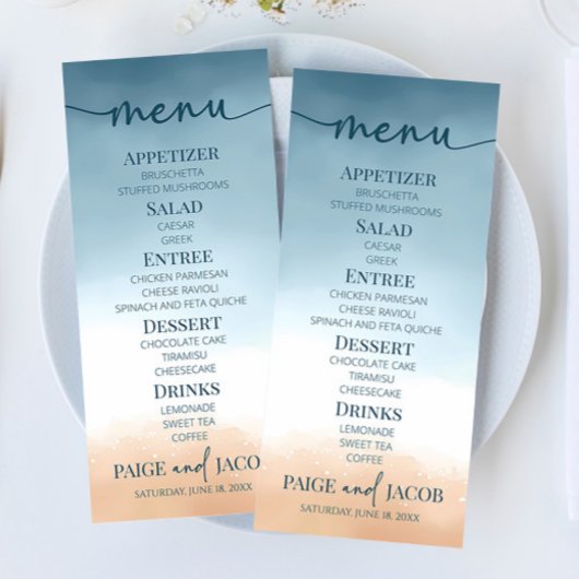Elegant Blue Ocean Beach Shore Zand Bruiloft Menu