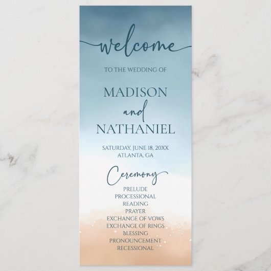 Elegant Blue Ocean Beach Shore Zand Bruiloft Programmakaart (Voorkant)