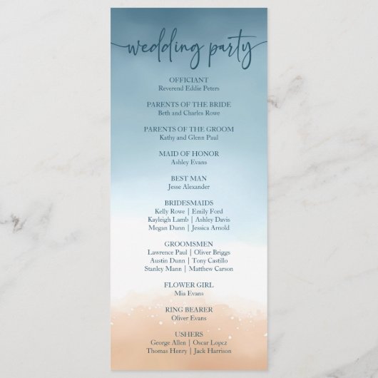 Elegant Blue Ocean Beach Shore Zand Bruiloft Programmakaart (Achterkant)