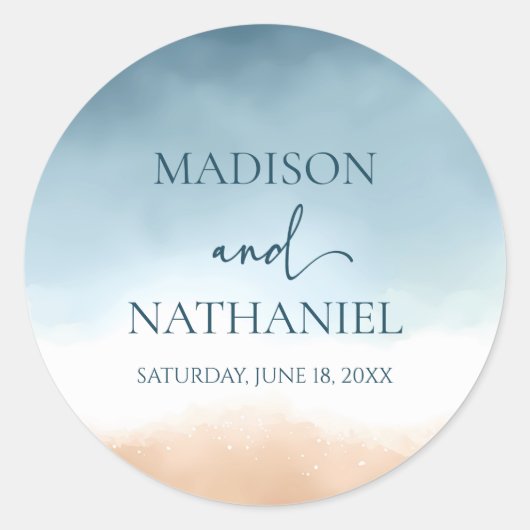 Elegant Blue Ocean Beach Shore Zand Bruiloft Ronde Sticker (Voorkant)