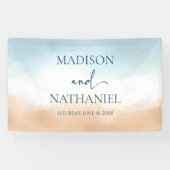 Elegant Blue Ocean Beach Shore Zand Bruiloft Spandoek (Horizontaal)