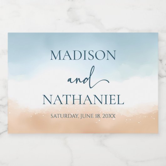 Elegant Blue Ocean Beach Shore Zand Bruiloft Sparkling Wijnetiket (Enkel label)