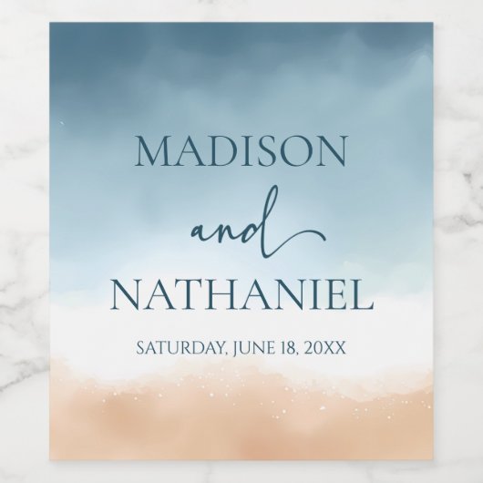 Elegant Blue Ocean Beach Shore Zand Bruiloft Wijn Etiket (Enkel label)