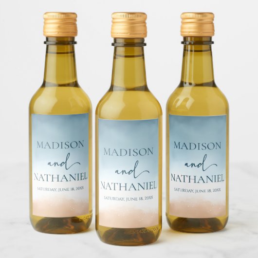 Elegant Blue Ocean Beach Shore Zand Bruiloft Wijn Etiket (Flessen)