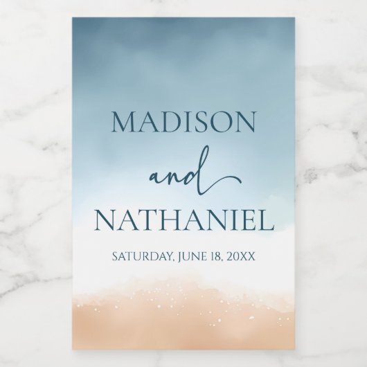 Elegant Blue Ocean Beach Shore Zand Bruiloft Wijn Etiket (Enkel label)