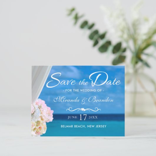 Elegant Blue Ocean Beach Summer Save the Date Aankondigingskaart (Staand voorkant)