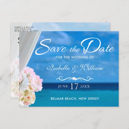 Elegant Blue Ocean Beach Summer Save the Date Aankondigingskaart (Voorkant / Achterkant)