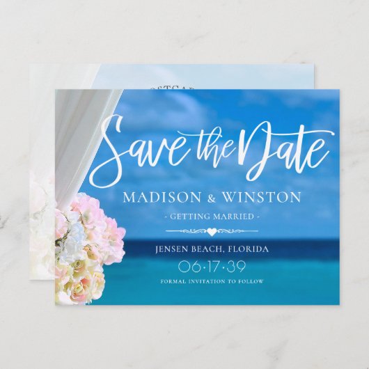 Elegant Blue Ocean Beach Summer Save the Date Aankondigingskaart (Voorkant / Achterkant)