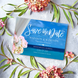Elegant Blue Ocean Beach Summer Save the Date Kaar