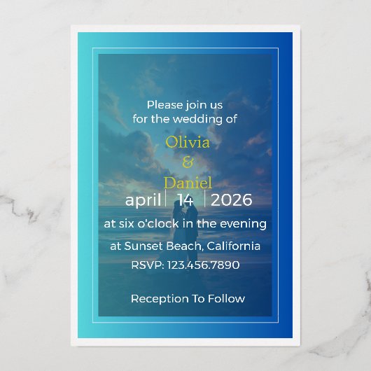 Elegant Blue Ocean Foil Wedding Invitation Folie Uitnodiging (Voorkant)