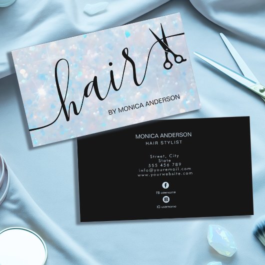 Elegant Blue Opal Glitter Hair Script Scissors Visitekaartje