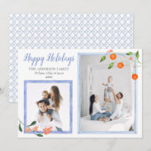 Elegant Blue Oranje Citrus Kerstmis Twee Foto Feestdagenkaart (Voorkant / Achterkant)