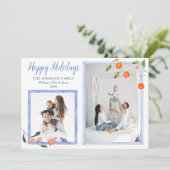 Elegant Blue Oranje Citrus Kerstmis Twee Foto Feestdagenkaart (Staand voorkant)