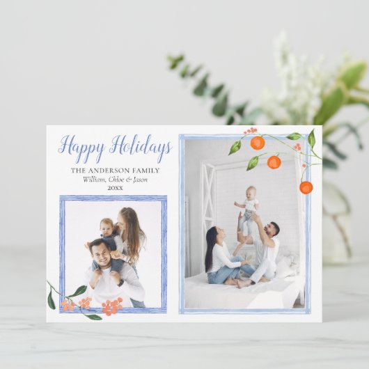 Elegant Blue Oranje Citrus Kerstmis Twee Foto Feestdagenkaart (Staand voorkant)