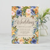 Elegant Blue Oranje Waterverf Floral. Bruiloft Kaart (Staand voorkant)