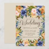 Elegant Blue Oranje Waterverf Floral. Bruiloft Kaart (Voorkant / Achterkant)