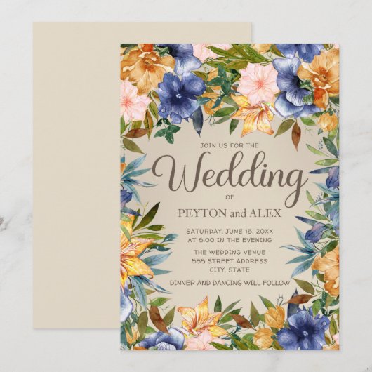 Elegant Blue Oranje Waterverf Floral. Bruiloft Kaart (Voorkant / Achterkant)