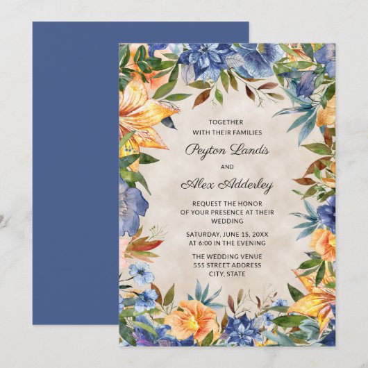 Elegant Blue Oranje Waterverf Floral Wedding Kaart (Voorkant / Achterkant)
