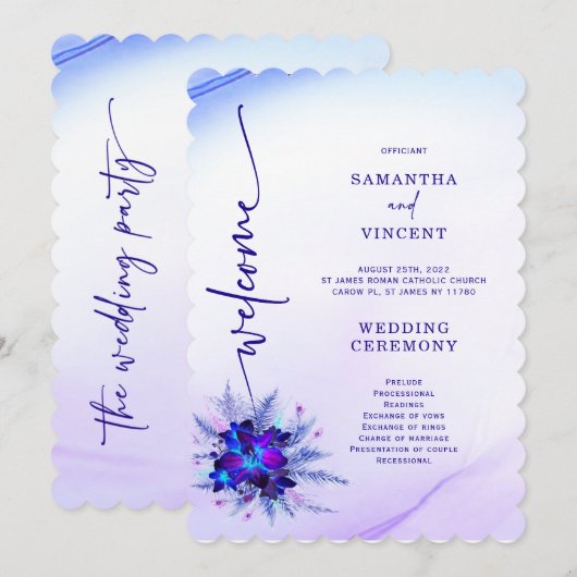 Elegant Blue Orchid Wedding Programme Kaart (Voorkant / Achterkant)