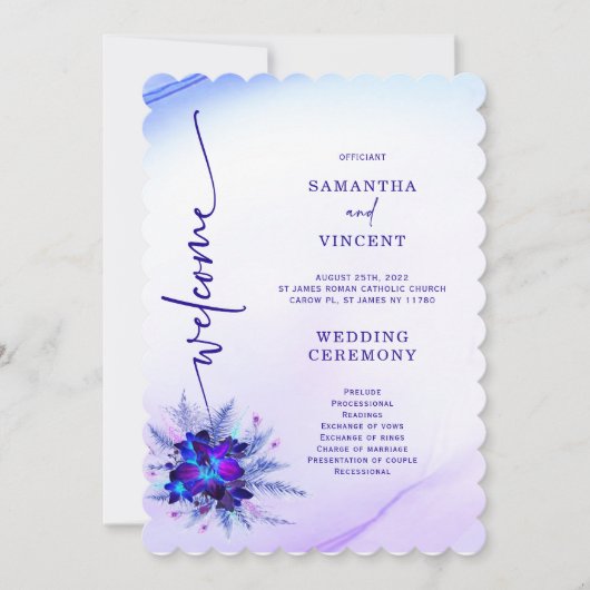 Elegant Blue Orchid Wedding Programme Kaart (Voorkant)
