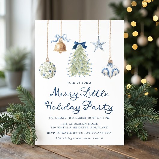 Elegant Blue Ornaments Merry Little Holiday Party Kaart