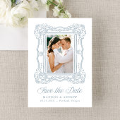 Elegant Blue Ornate Frame 2 Photo QR Code Wedding Save The Date